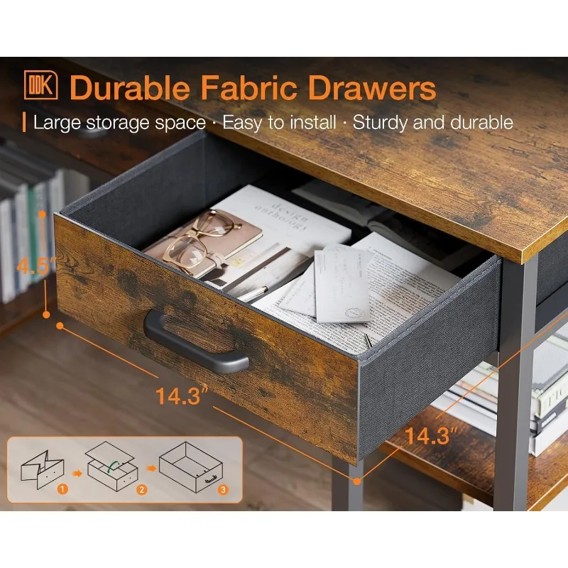 Office Small Computer Desk: Home Table with Fabric Drawers & Storage Shelves, Modern Writing Desk