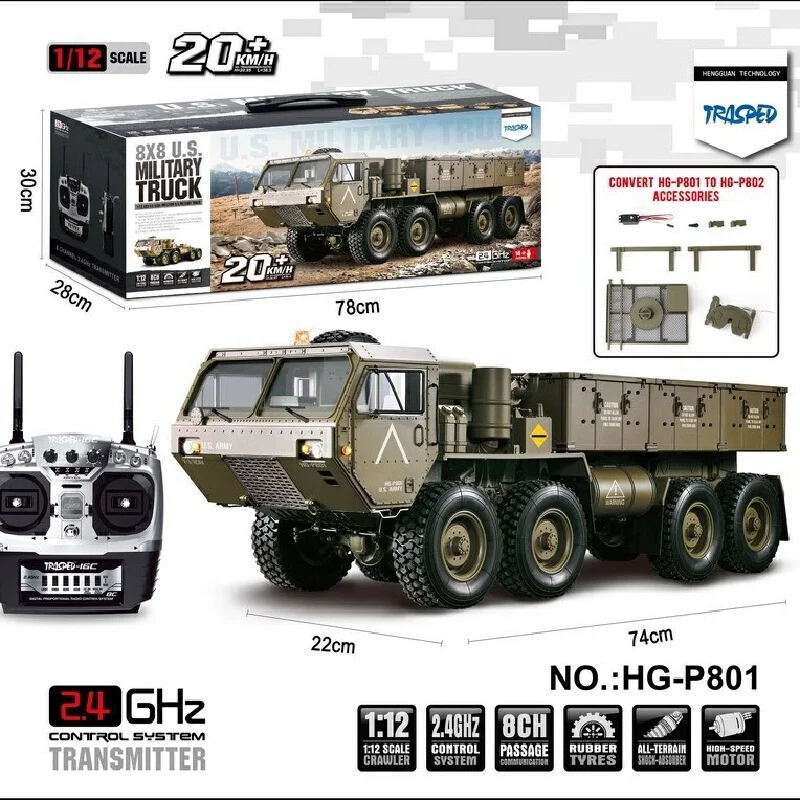 1: 12 HG-P801 Remote Control Heavy Truck RC CAR Fully Proportional 8-Wheel Military Truck Sound and Light 16 Channels 3