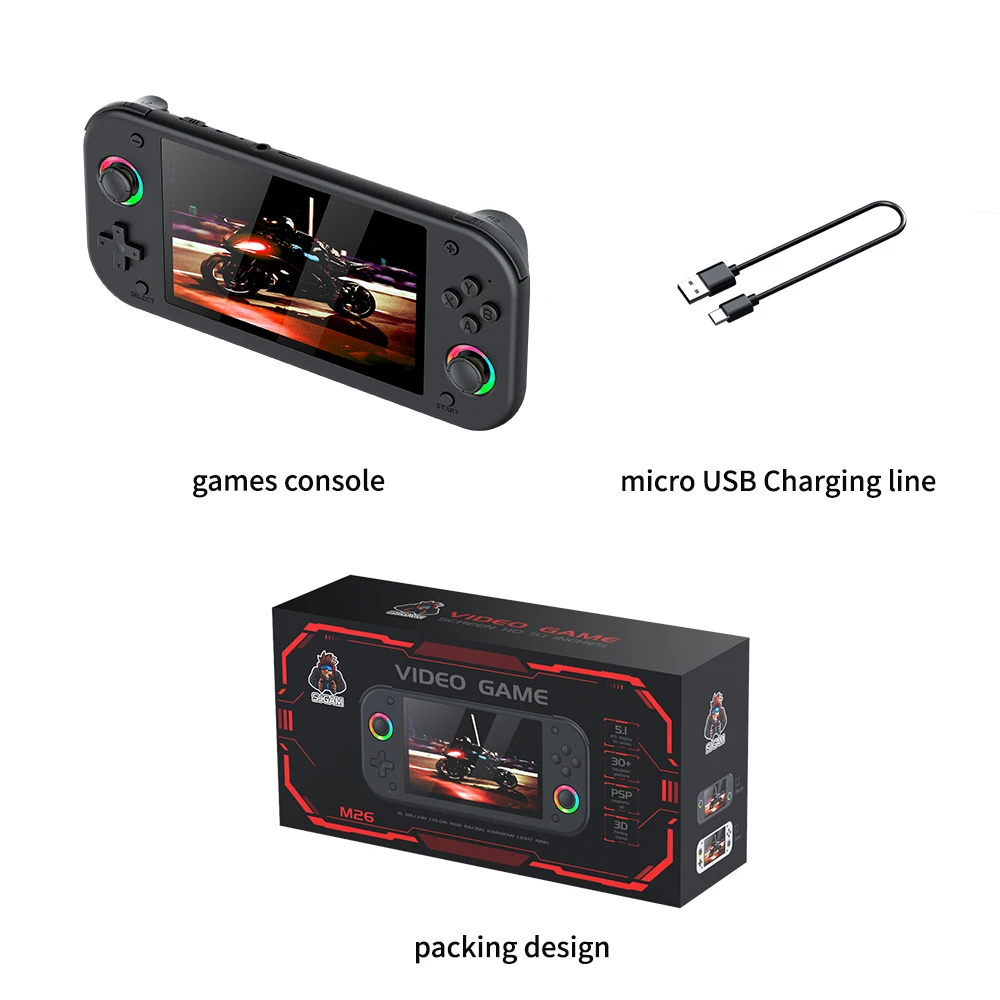 M26 Handheld Game Console Kids Gifts 5.1Inch 64GB IPS Screen 3D Retro Handheld Game Console with 20000 Games