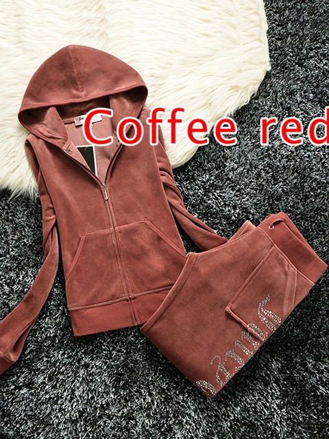 YICIYA TRACKSUIT hoodies Velvet Zipper Sweatshirt And Pants Winter women velour Pant Suit Hoodies Zipper Rhinestone velour suits Coffee red suit