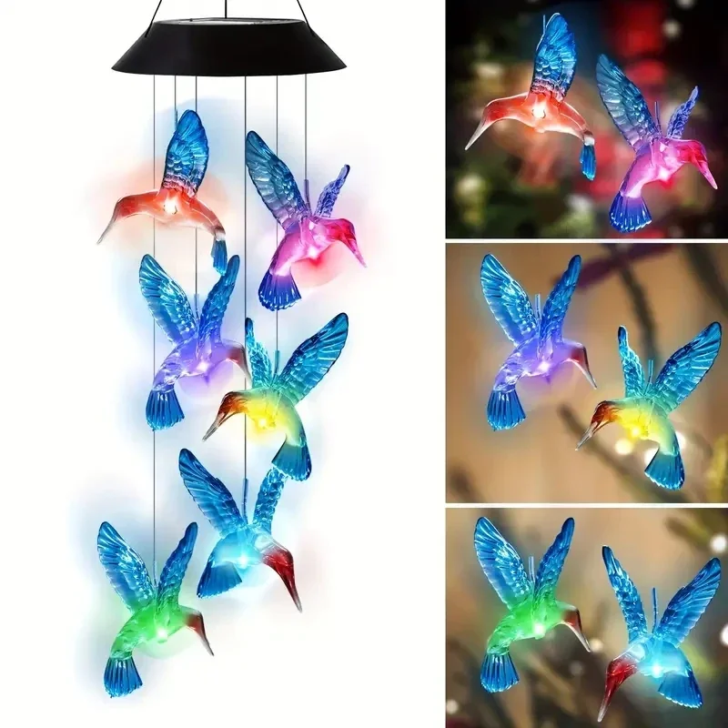 1/2pc Solar Blue Hummingbird Wind Chime Light LED Hummingbird Courtyard Wind Chime Light Landscape Light Courtyard Light