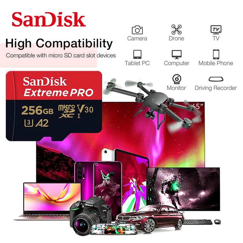 Sandisk 마이크로 SD 카드 메모리 카드, 64GB, MicroSDHC, 128GB, MicroSDXC, MicroSD 클래스 10 A2 U3 V30 TF 플래시 카드
