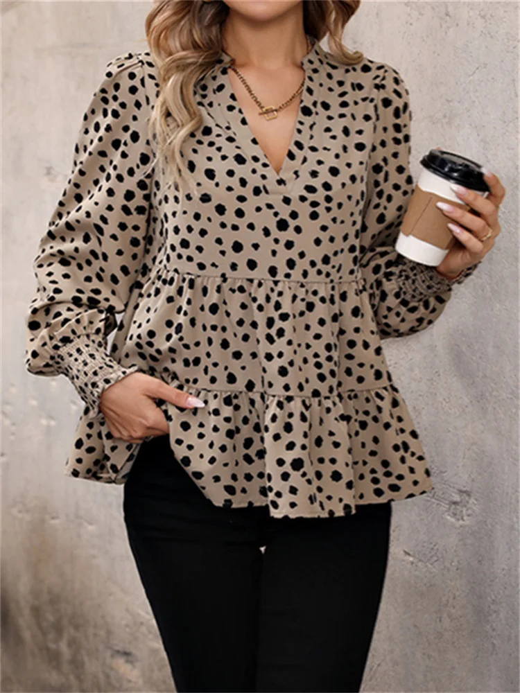 

Женская блузка Lepoard, Весенняя винтажная блузка с длинным рукавом и v-образным вырезом, уличная одежда