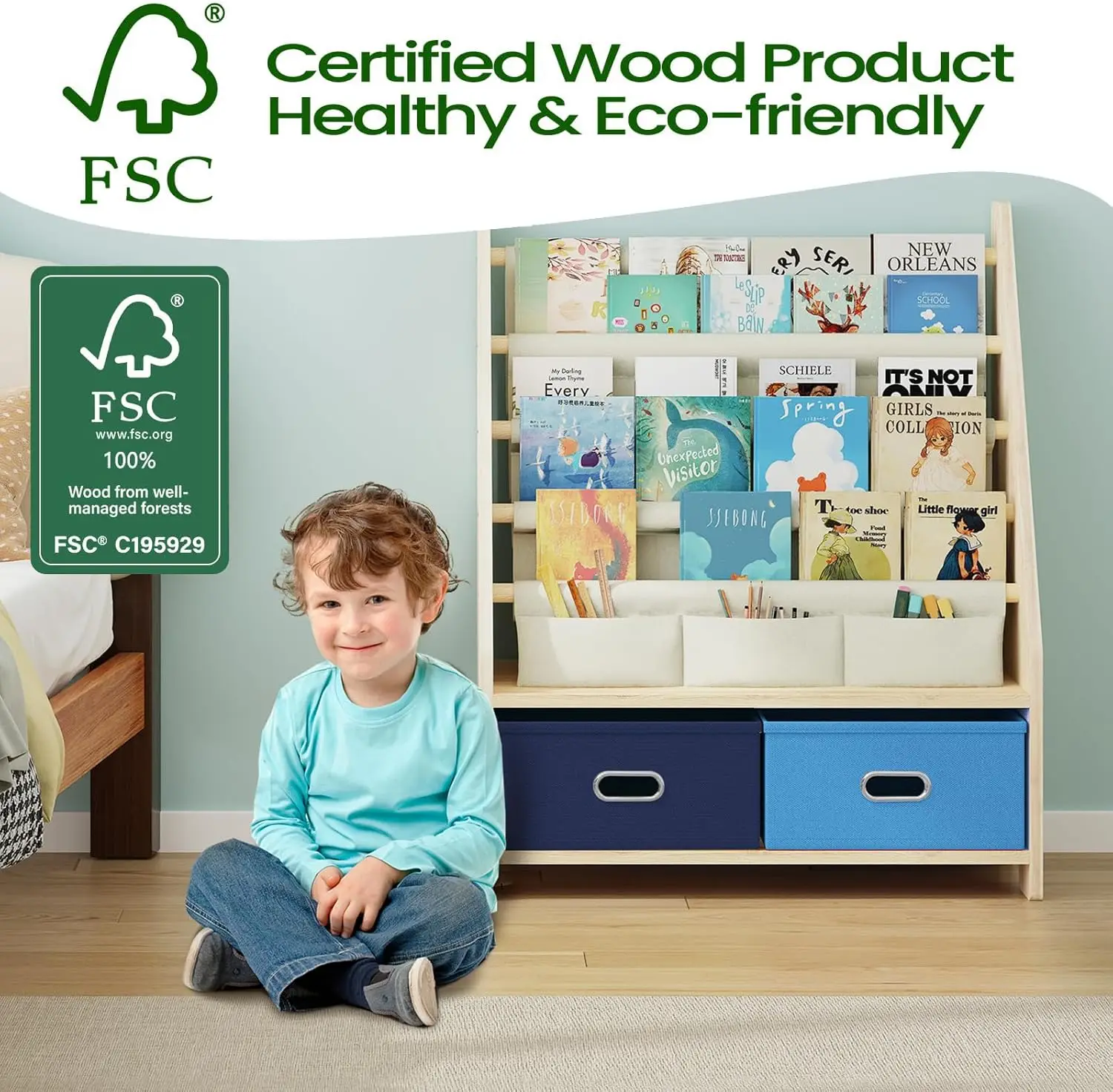 4-Tier Wooden Kids Book Rack with Toy Storage 6
