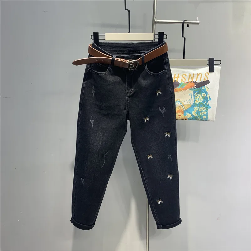 

Женские джинсовые брюки с вышивкой, Новинка осени 2023, Модные шаровары с высокой талией, женские свободные джинсовые брюки