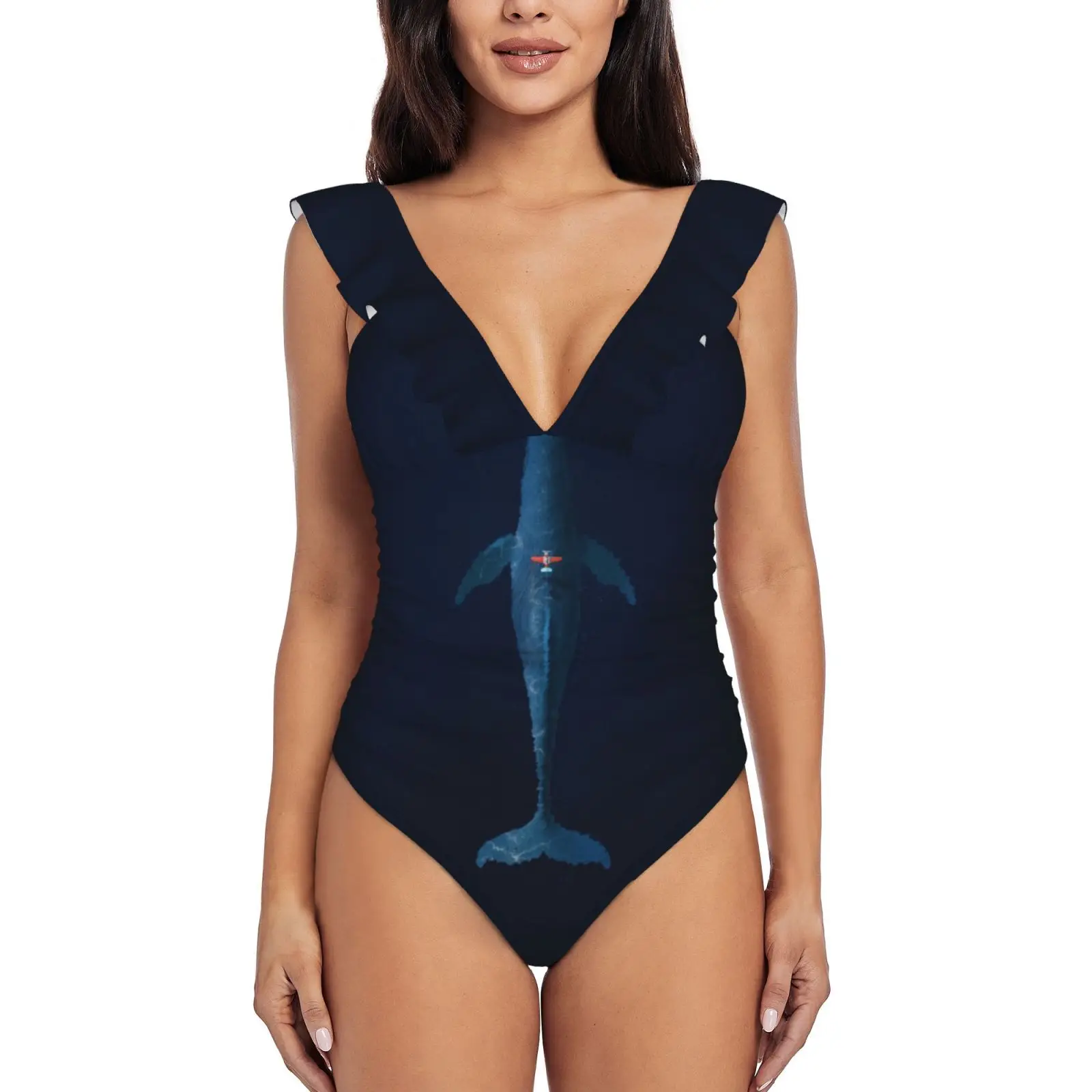 

Small Plane , Big Adventures Ruffle Swimsuit Women'S Swimwear Monokini Beachwear Bathing Suits Whale Adventure Sea Nature Plain