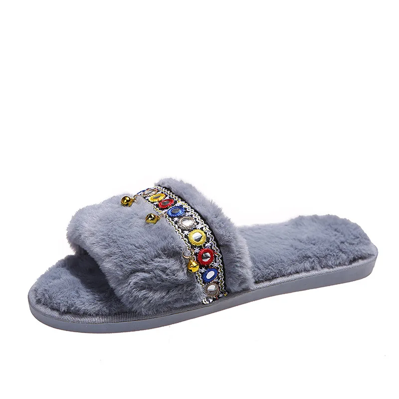 2025 Stylish Embroidery Decor Slides for Women Fluffy Soft Bottom Flat Slippers Woman Indoor Non Slip Weightlight Sandals Female