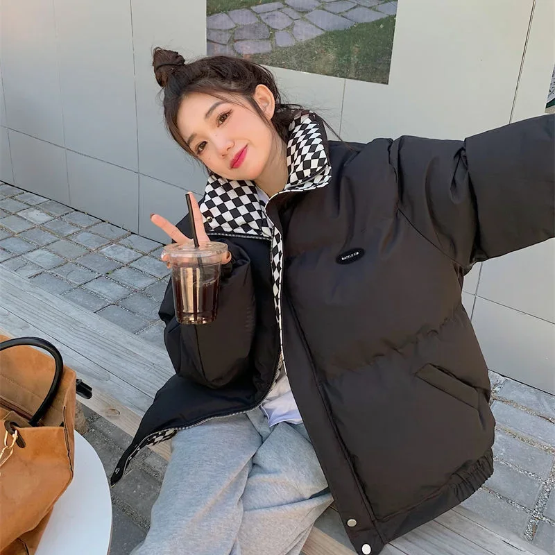 Winter Down Cotton Jacket Women  Solid Thickening Warm Zipper Loose Padded Coat Female Puffer Parkas Jackets Black White 2024