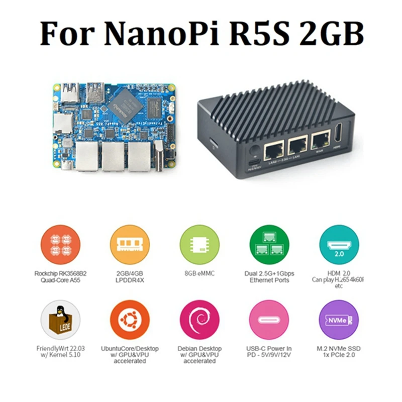 

For Nanopi R5S 2GB Mini Development Board +Metal Case 8G EMMC Rockchip RK3568 1Gbps Ethernet Ports Support NVME Pcie