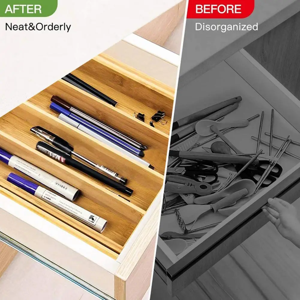 Bamboo Drawer Organizer 5-7 Compartments Adjustable Width Kitchen Utensils