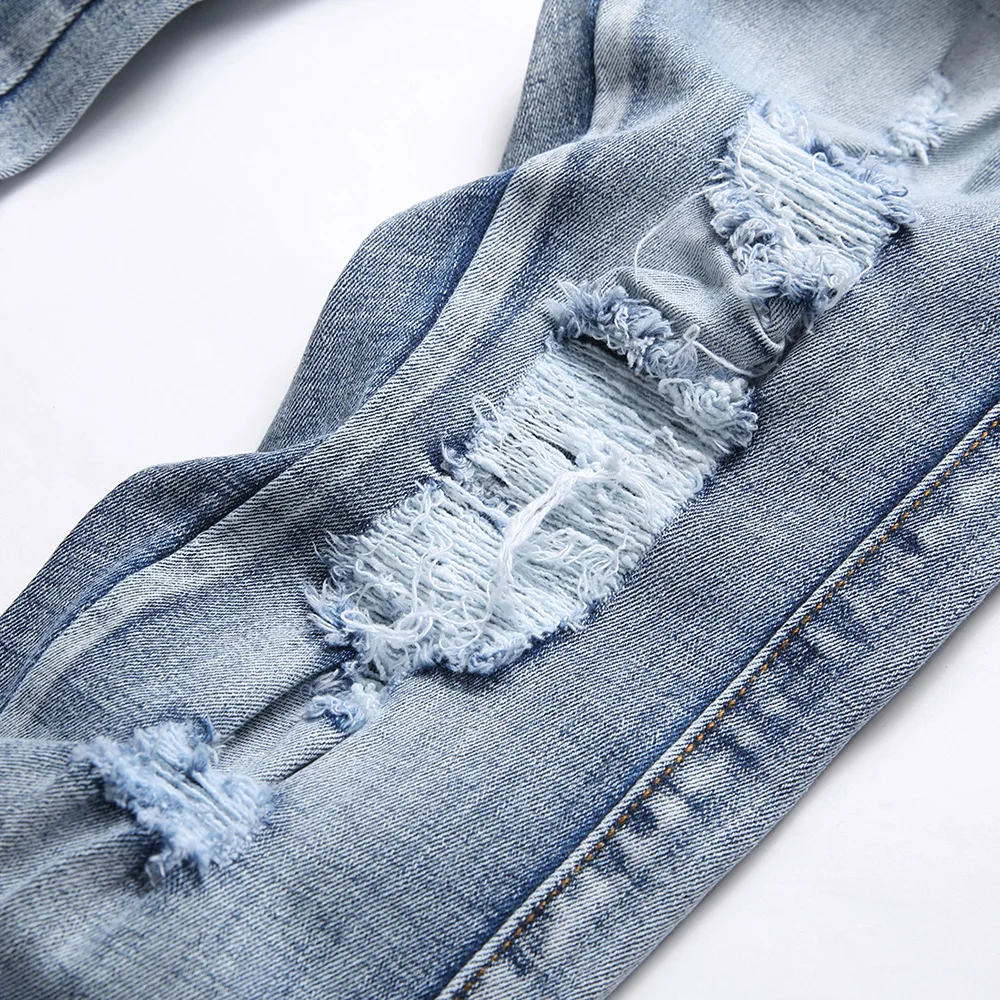 Men Snake Embroidery Jeans Holes Ripped Blue Stretch Denim Pants Slim Tapered Trousers 4