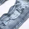 Men Snake Embroidery Jeans Holes Ripped Blue Stretch Denim Pants Slim Tapered Trousers 4