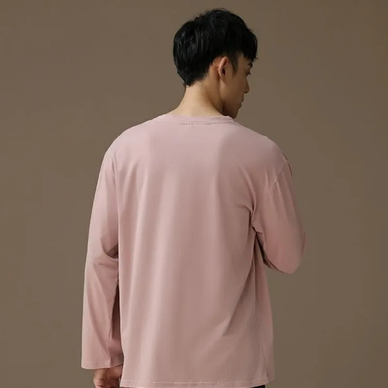 2024 Latest Men Cotton Pajamas Set Spring Autumn Round Neck Nightdress Long Sleeve Youth Sleepwear Casual Solid Color Pyjamas