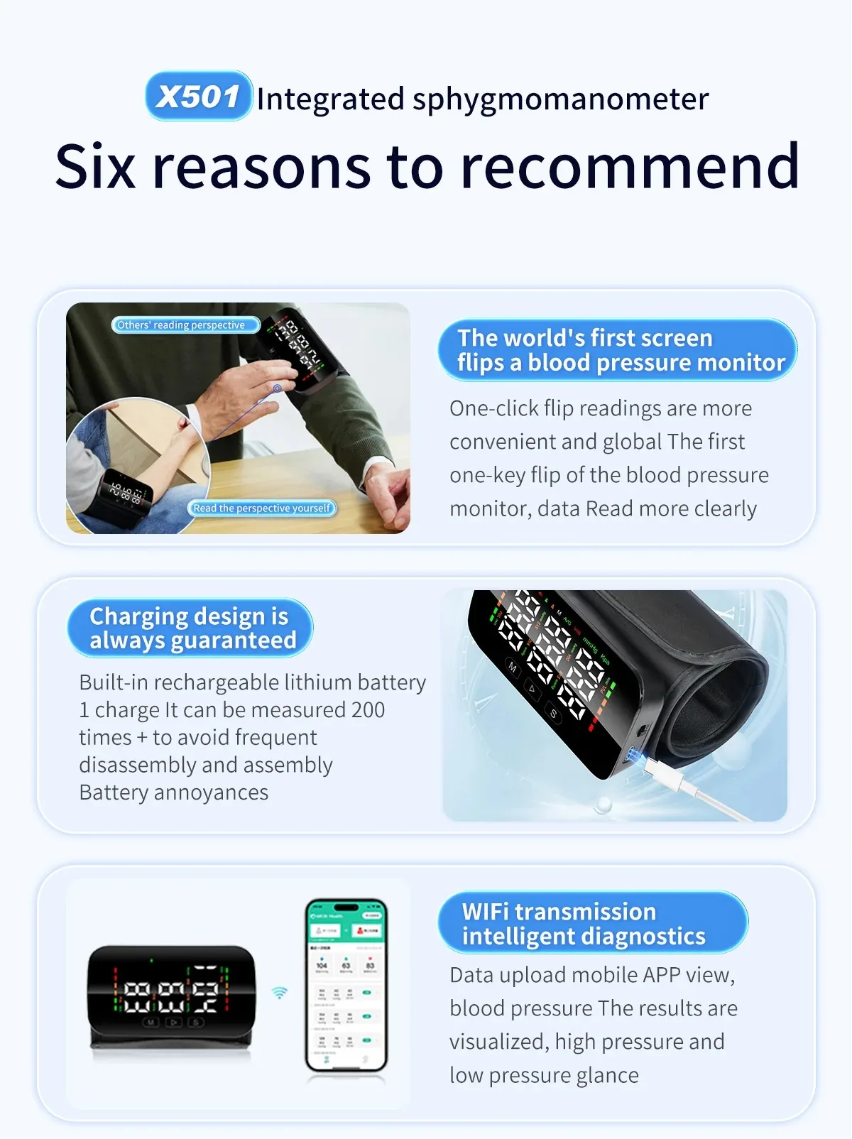 Wifi Arm Integrated Blood Pressure Monitor LCD Large Display Screen Voice Broadcast YTYPE-C Charging Interface Electronic