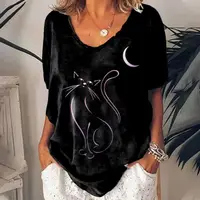Fashion Woman Blouses 2022 T-shirt Women's 3d Cats Print Black Kawaii V-neck T Shirt Female Clothing Oversized Summer Tops Tees 25