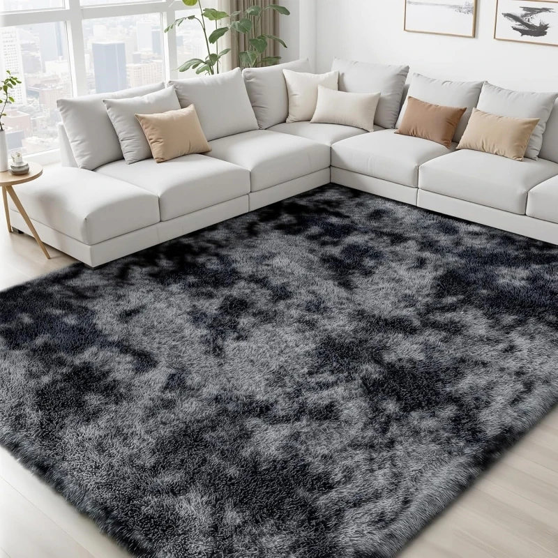 Luxurious Grey Tie-Dye Shaggy Fluffy Rug - Ultra Soft Non-Slip Plush Carpet
