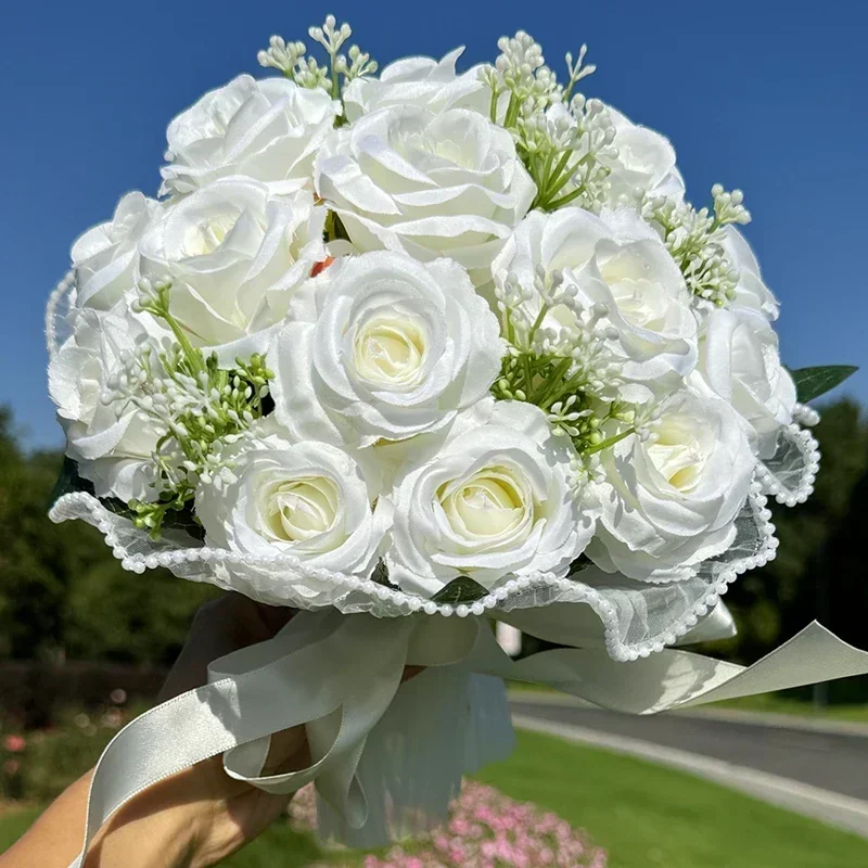 Rose Wedding Bouquets for Bride White Bouquets for Bride Bridesmaid Valentine's Day Decoration Pearl Lace Mesh-1pc
