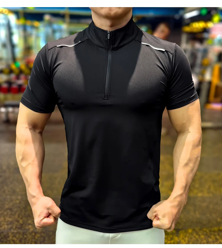Men Running Short Sleeve T-shirt Outdoor Fitness Muscle Fit Shirt for Male Gym Jogging Sports Tops Tennis Elastic Breathable Tee