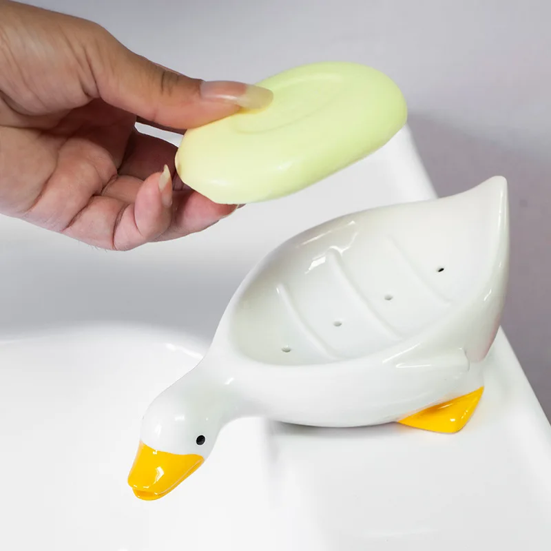 Duck Shape Soap Box Creative Ceramic Drain Soap Dish Bathroom Soap