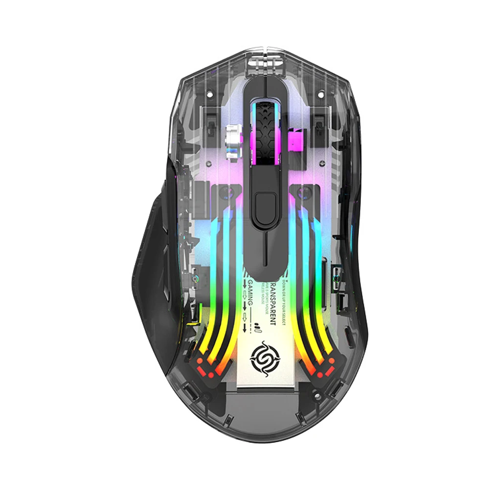 Transparent Multi-Mode Wireless Gaming Mouse with Bluetooth and USB-C Connectivity