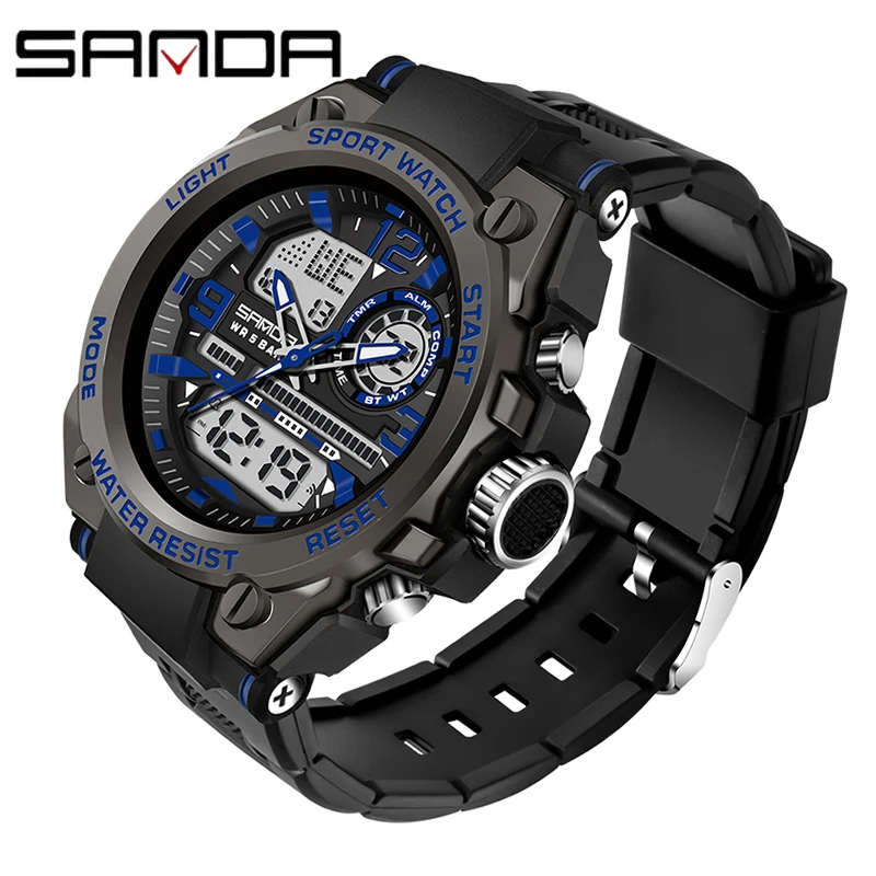 2022 SANDA Quartz 5ATM Waterproof Men Clock Sport Dual Display Electronic Watch Top Brand Military Men's Watch Relogio Masculino 