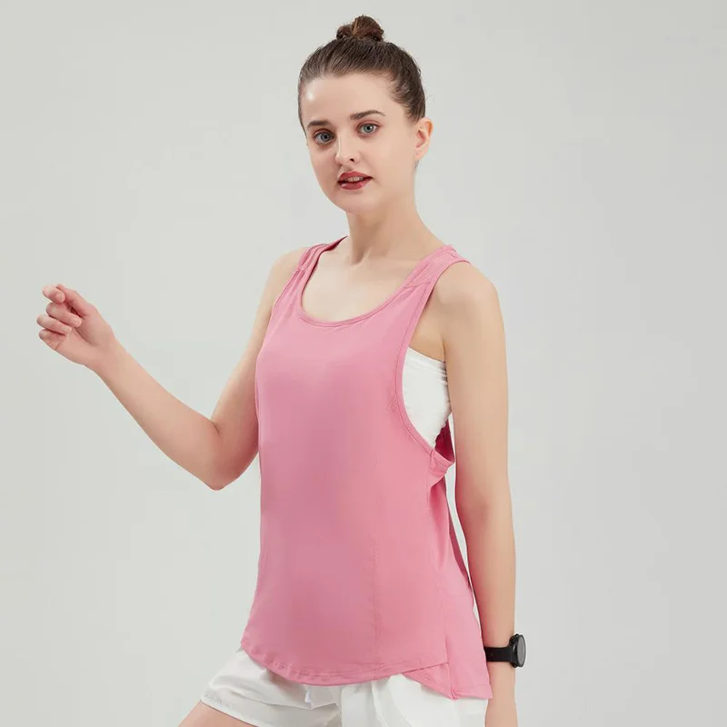 Summer Women Solid Pink Color Sport Training Tank Top Racerback Quick Dry Fit Running Fitness Vest Workout Exercise Sportswear