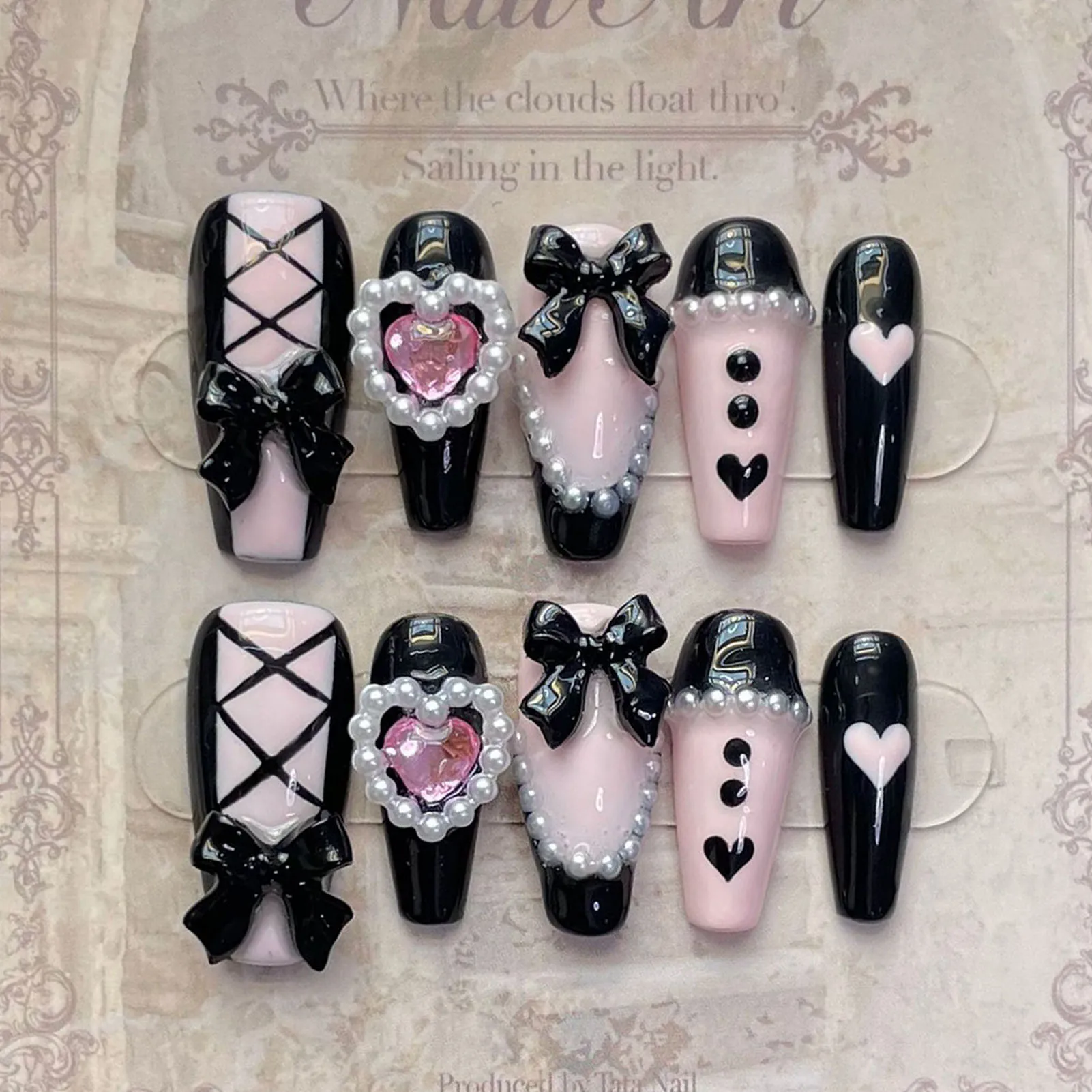 

10pcs Handmade Pink Black Heart False Nails With 3D Bows Decor Y2k Press On Nails Long Ballerina Coffin Fake Nails For Hot Girl