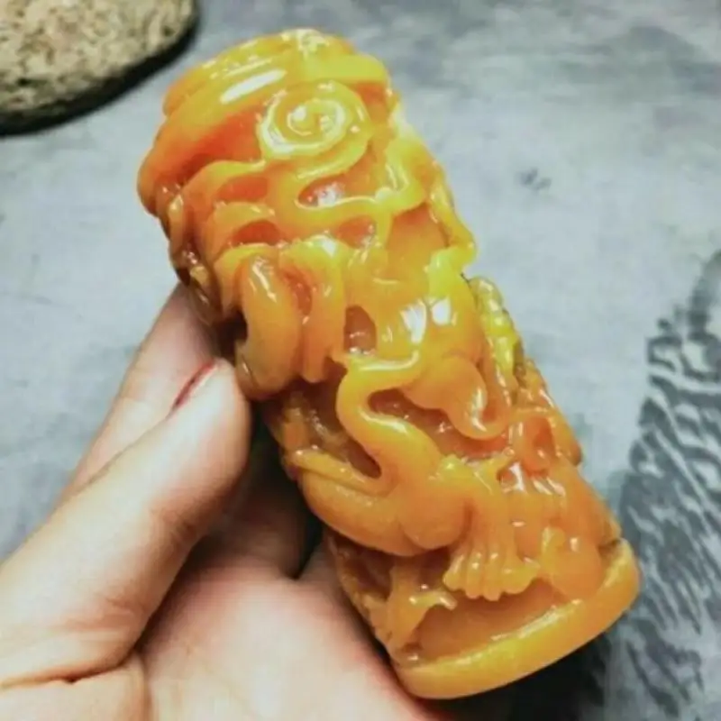 Craft Collection Antique Double Dragon Play Pearl Seal Ornament Column Seal