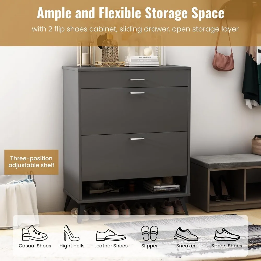 Shoe Storage Cabinet for Entryway, Free Standing Shoe Organizer with 2 Flip Drawers,Hidden Shoe Rack Storage Organizer 3