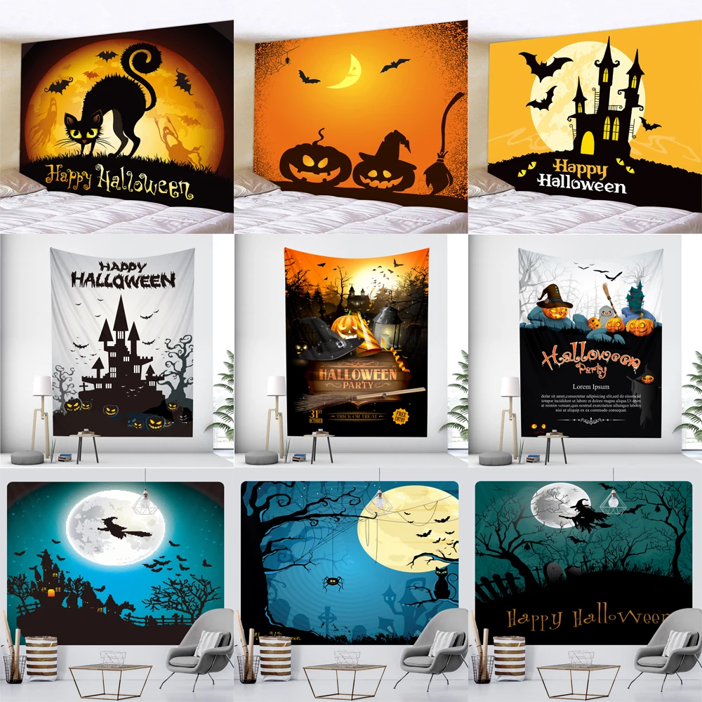 

Pumpkin Halloween Home Decor Tapestry Psychedelic Scene Witchcraft Boho Wall Hanging Fabric Room Backdrop