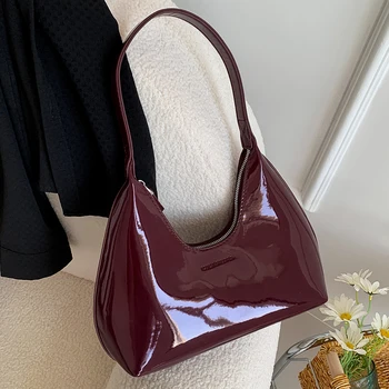 Designer Retro Wine Red Shoulder Bags for Women's Patent Leather Fashion Crescent Bag New French Small Handbag Ladies Totes 1