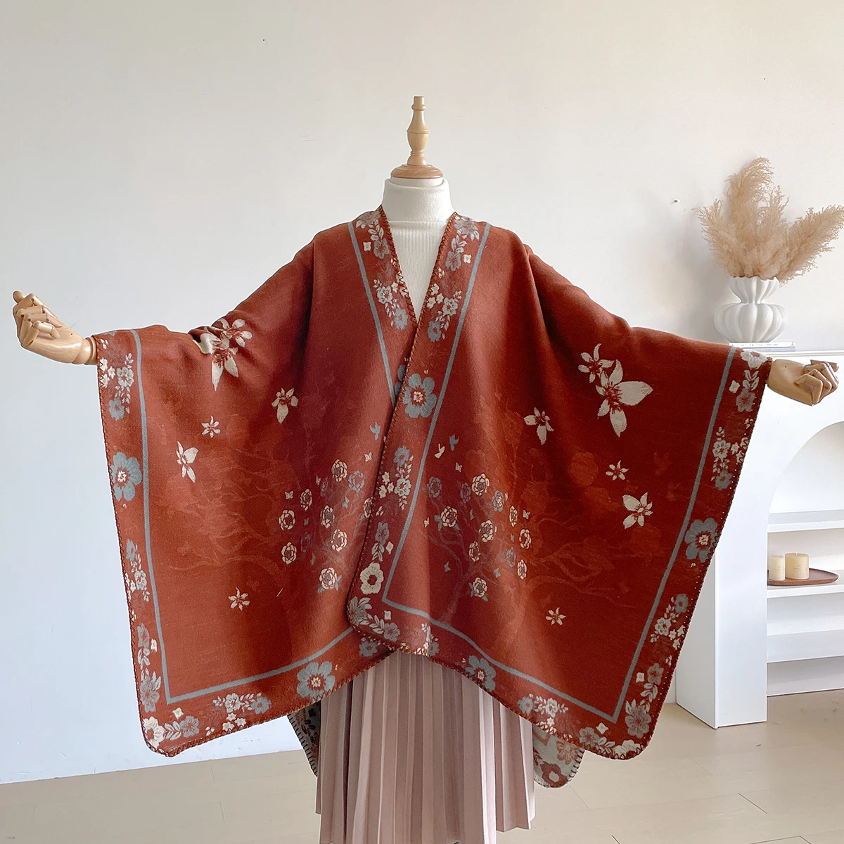 Brand Fashion Women's Cashmere Winter Shawl - Vintage Floral Printed Oil Painting Style Pashmina Thick Wrap & Poncho