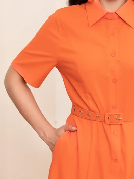 Elegant style Lapel Jacquard Solid color Embroidery Pocket Regular sleeve Long Dresses Orange Dresses 5