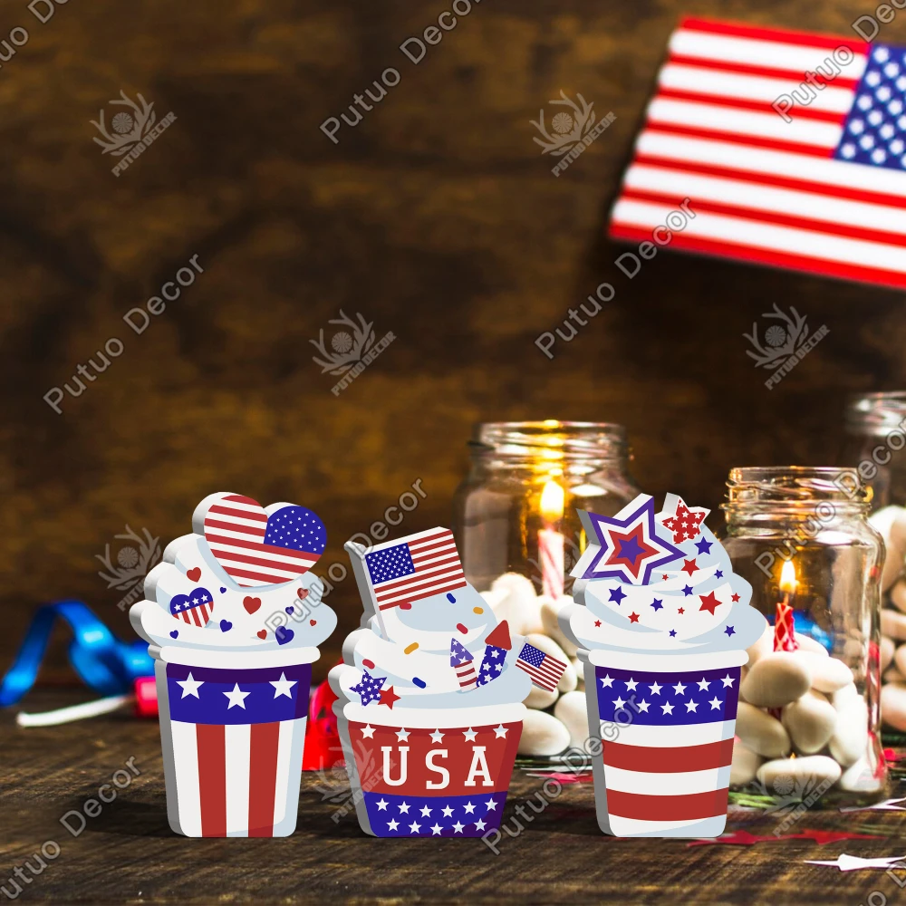 

Putuo Decor 3pc USA Ice Cream Shaped Wooden Table Decor, Desktop Decor for Home Dessert Shop Cafe Office , Independence Day Gift