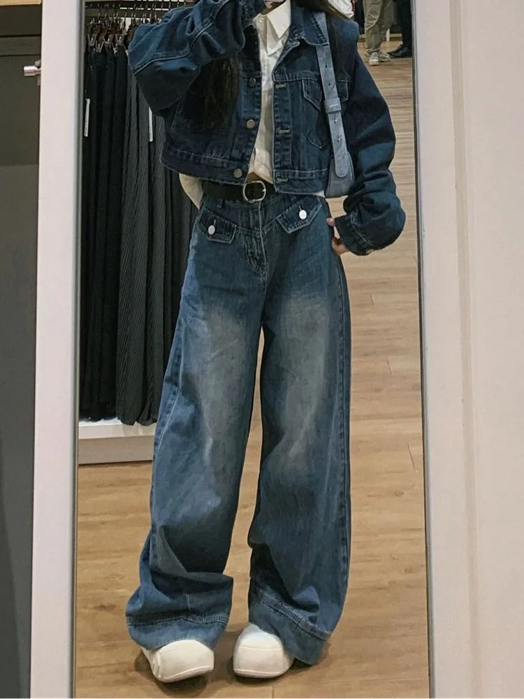 

HOUZHOU Distressed Blue Baggy Jeans Women Vintage 90s Wide Leg Denim Pants Y2K Harajuku Oversize High Waisted Boyfriend Jeans