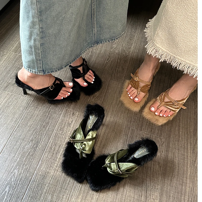 

Ladies Slippers And Sandals Black Faux Fur Thong High Heels Sexy Clip Toe Women Shoes Low Heeled Stiletto Sandalia Feminina