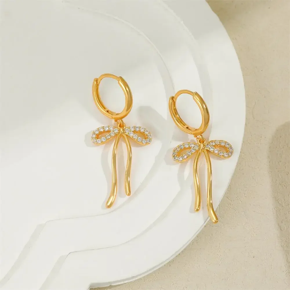 Bowknot Drop Earrings 18K Gold Plated Small Circle Zircon Hoop Huggie Earring Cute Bow Knot Charm Girls's Ear Jewelry Pendientes