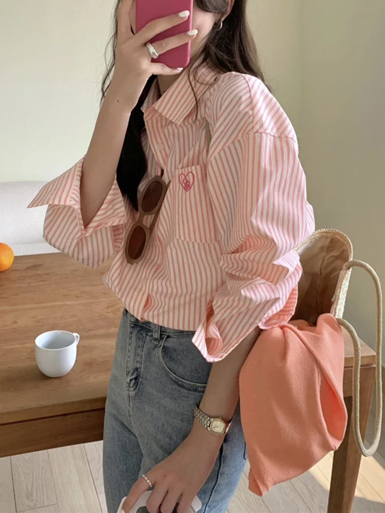 New Spring Blue Pink Stripe Embroidered Women's Shirt Single Breasted Fashion Women's Shirt Fashion Casual Office Women's Style