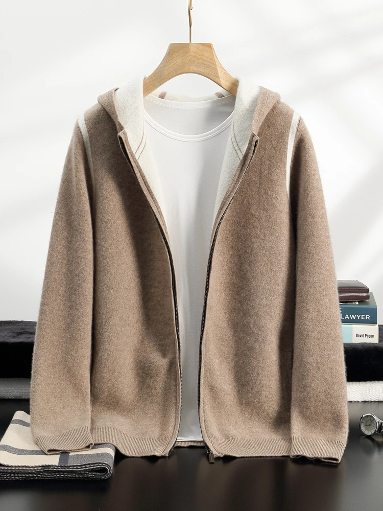 Thick Hooded Men Zippers Cashmere Sweater Cardigan Autumn Winter 100% Cashmere Knitwear Casual Long Sleeve Warm Soft Pockets Top 5