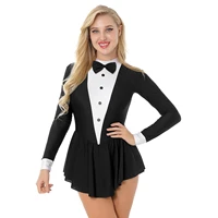 Robe de patinage artistique pour adolescents, femmes adultes, manches longues, nœud papillon, jupe de smoking, justaucorps de gymnastique, Costume de danse latine Jazz moderne 4