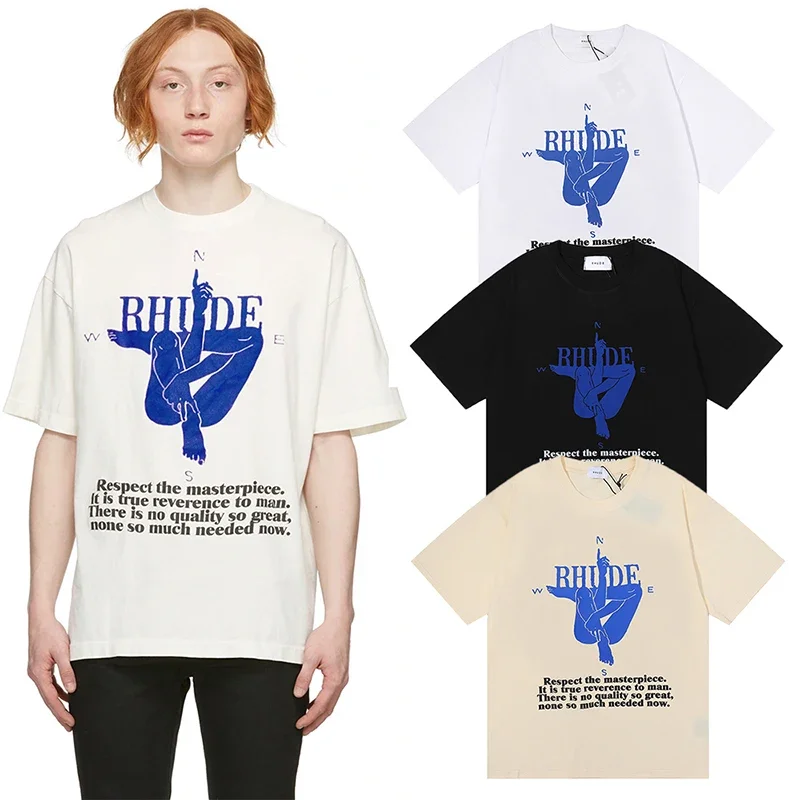 

New Yoga Compass RHUDE T-shirts Men Women 1:1 Black Apricot Tops Casual Letter Printing Logo Short Sleeve Rhude Tees y2k