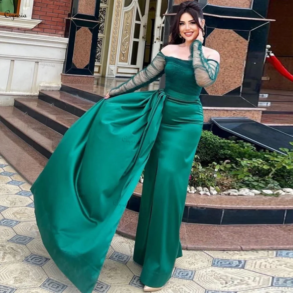 

Ciynsia Off Shoulder Emerald Green Evening Dresses for Women Sexy Slit Long Sleeve Prom Party Gowns Mermaid Vestidos De Gala