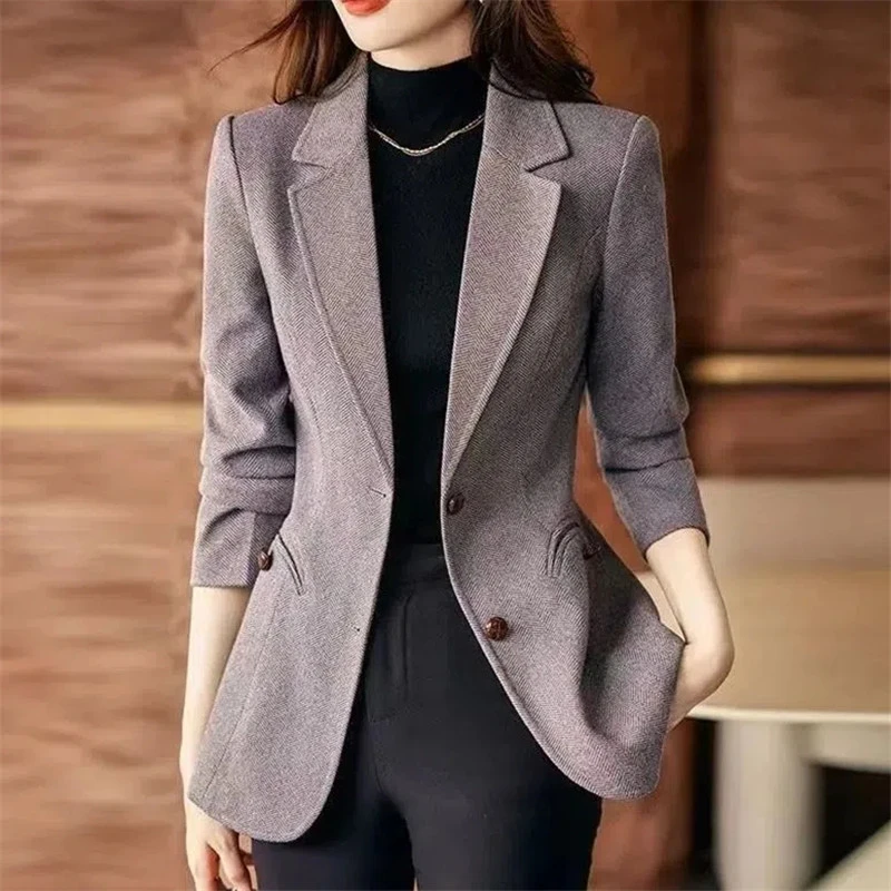 Herringbone Wool Blazer Womens 2022 Autumn Winter New Slim Office
