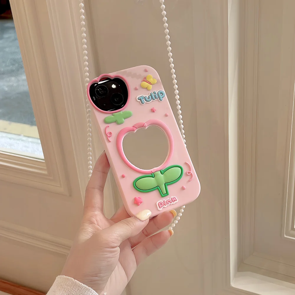 

3D Cute Mirror Tulip Phone Soft Silicone Case for iPhone 11, 12, 13, 14, 15 Pro Max, Back Cover, Shell Skin, Shockproof Durable