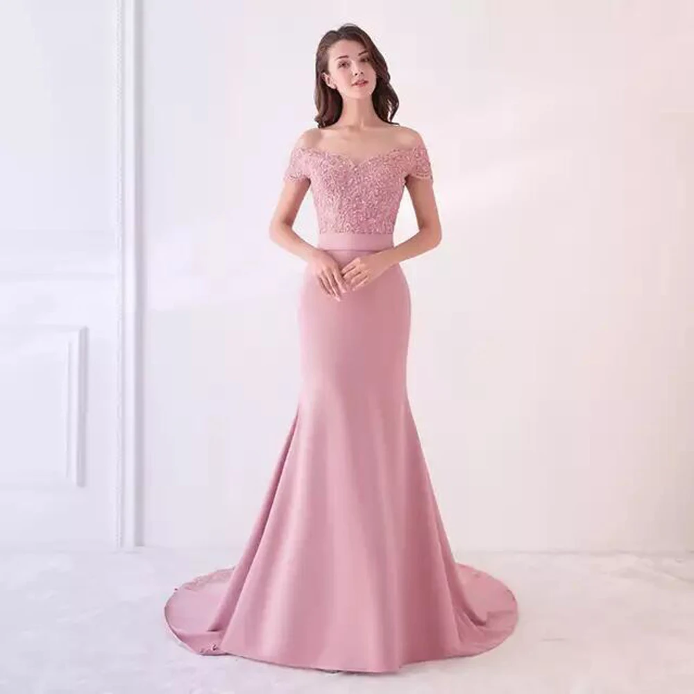 

Long Bridesmaids Dresses Mermaid Off the Shoulder Beaded Appliques Sashes Maid of Honor Wedding Party Gowns Lace Tail Rose Pink