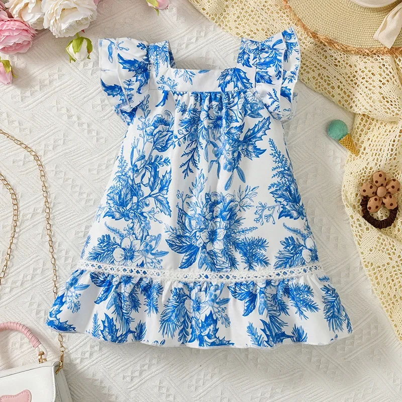 

New Flower Girls blue print Short Sleeve Dress Baby Kids Floral Formal Gowns Girls casual one piece dress