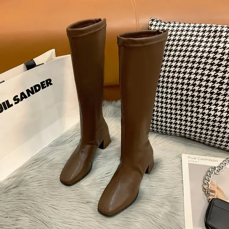 Soft Leather High-heeled Knee Boots Women's Ins Tide 2022 Autumn and Spring New British Style Thick-heeled Thin High Boots