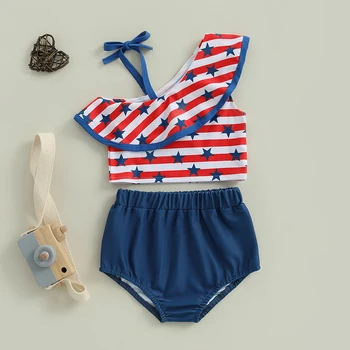 Girls Patriotic Star and Stripe Print Ruffled Tankini Set with Solid Shorts for 4th of July Celebrations - 2-Piece Swimwear 1