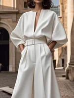 Yeezzi Women's White Wide Leg Jumpsuit With Belt 2025 New Half Sleeves Loose Deep V-Neck Elastic High Waist Elegant Jumpsuits - Image 2