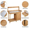 Outdoor potting bench table work station for gardening: natural wood brown weather-resistant with cabinet drawer top shelf and